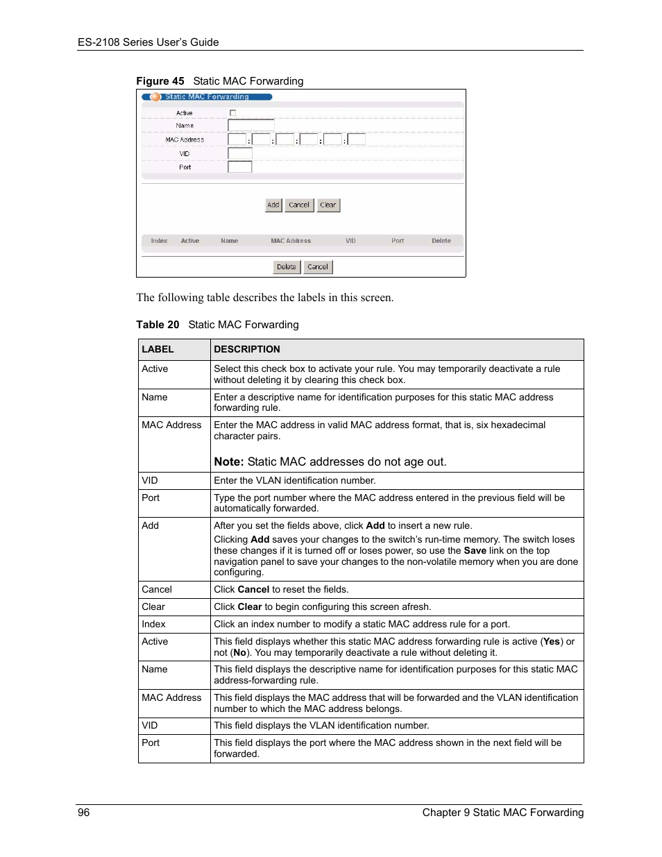 Figure 45 static mac forwarding, Table 20 static mac forwarding | ZyXEL Communications ZyXEL Dimension ES-2108 User Manual | Page 96 / 277