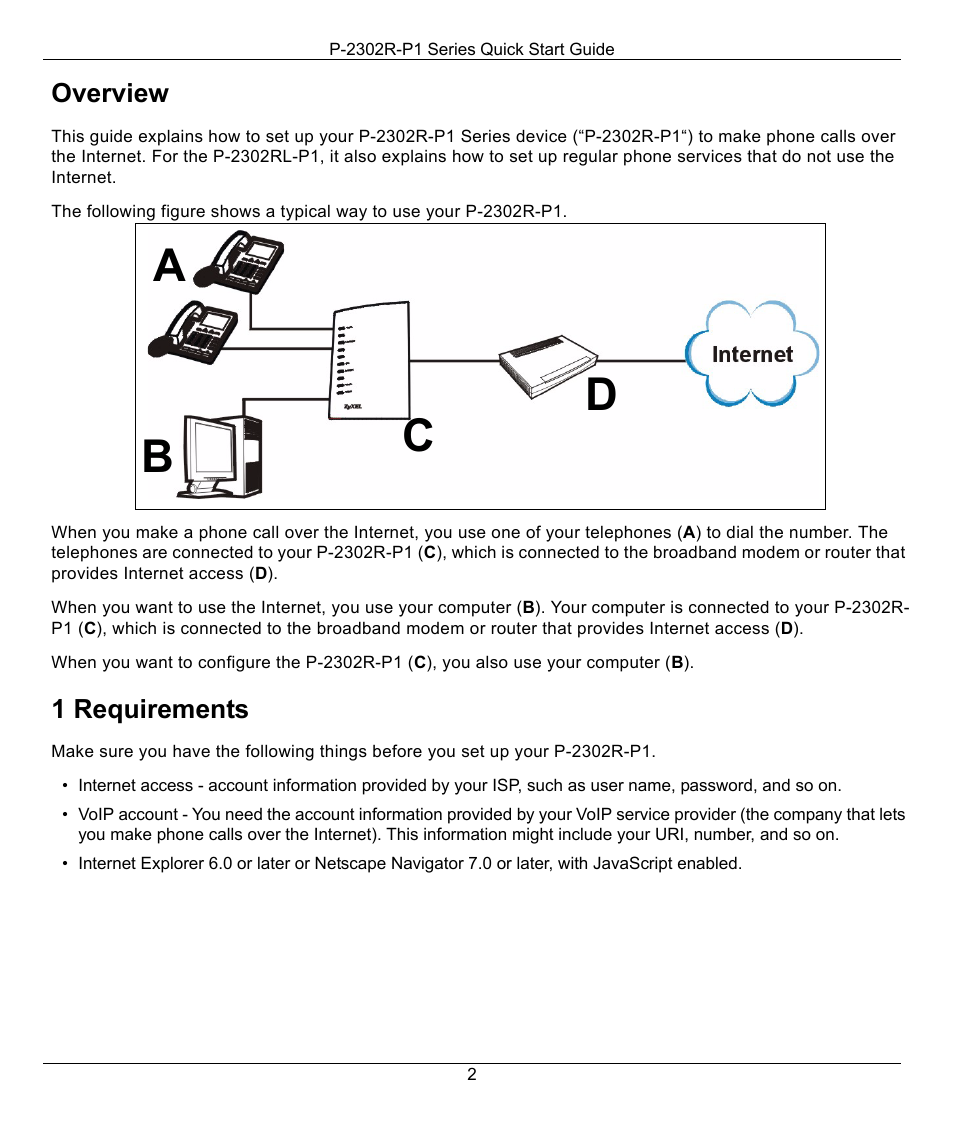 Overview, 1 requirements, Ab c d | ZyXEL Communications P-2302R-P1 Series User Manual | Page 2 / 14