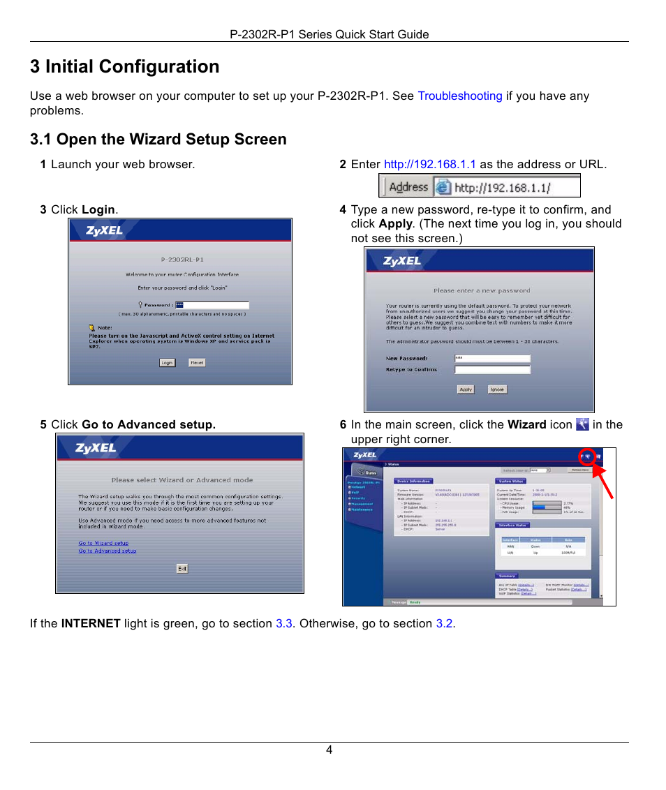 3 initial configuration, 1 open the wizard setup screen | ZyXEL Communications P-2302R-P1 Series User Manual | Page 4 / 14