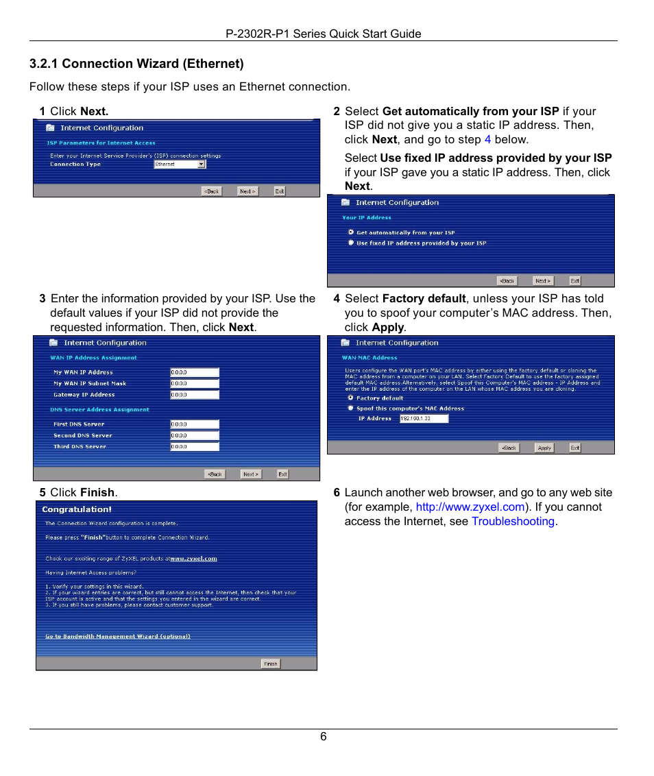 1 connection wizard (ethernet) | ZyXEL Communications P-2302R-P1 Series User Manual | Page 6 / 14