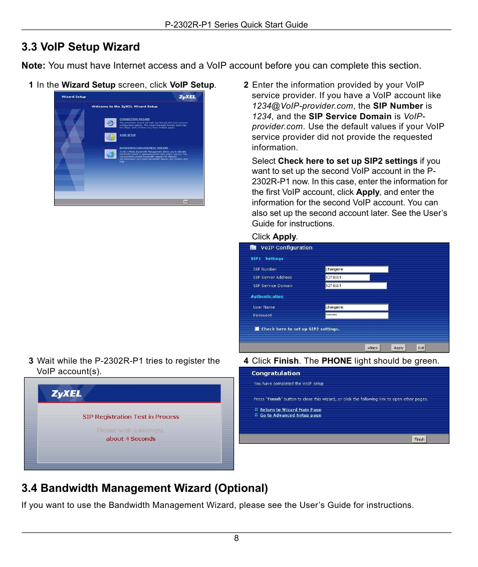 3 voip setup wizard, 4 bandwidth management wizard (optional) | ZyXEL Communications P-2302R-P1 Series User Manual | Page 8 / 14