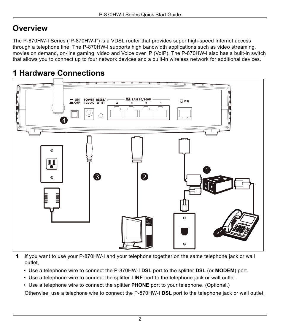 Overview, 1 hardware connections | ZyXEL Communications 802.11g Wireless VDSL2 4-port Gateway P-870HW-I1 User Manual | Page 2 / 9