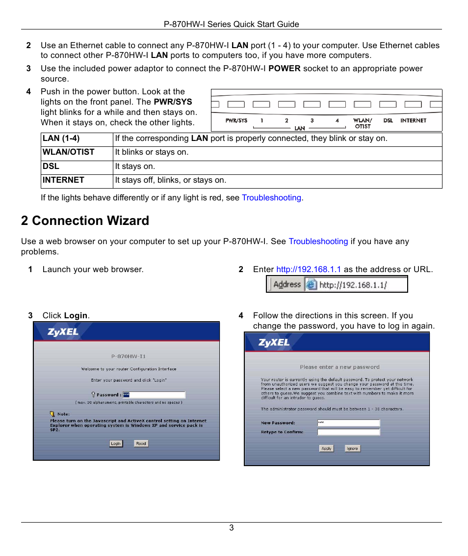 2 connection wizard | ZyXEL Communications 802.11g Wireless VDSL2 4-port Gateway P-870HW-I1 User Manual | Page 3 / 9