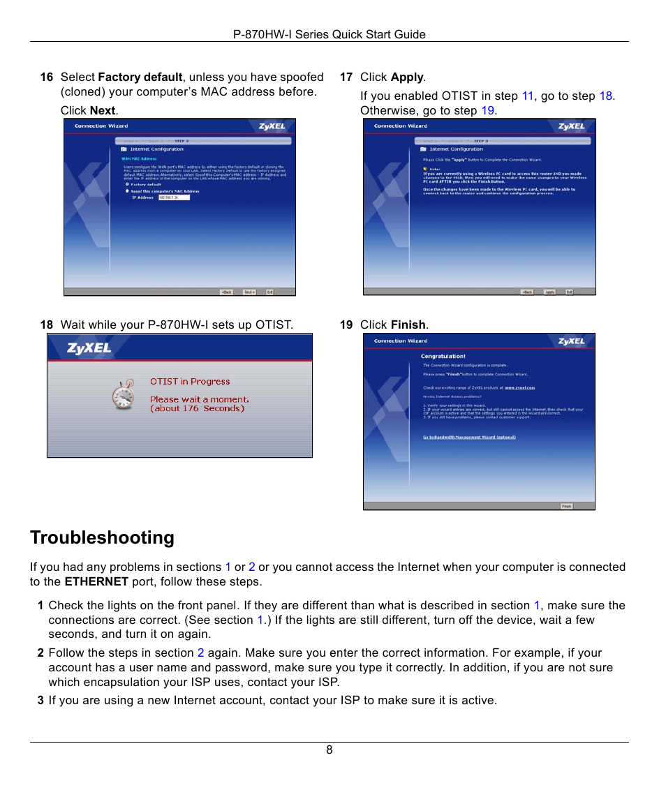 Troubleshooting, Is red, see | ZyXEL Communications 802.11g Wireless VDSL2 4-port Gateway P-870HW-I1 User Manual | Page 8 / 9