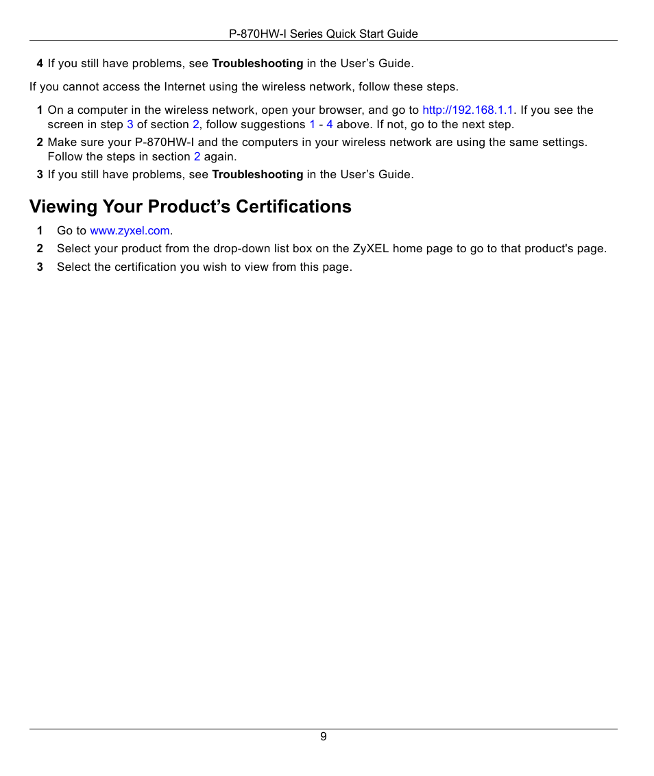 Viewing your product’s certifications | ZyXEL Communications 802.11g Wireless VDSL2 4-port Gateway P-870HW-I1 User Manual | Page 9 / 9