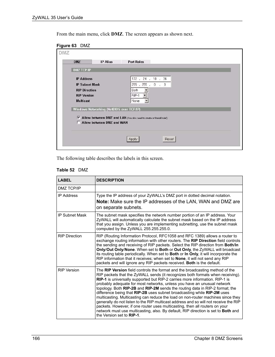 Figure 63 dmz, Table 52 dmz | ZyXEL Communications ZyXEL ZyWALL 35 User Manual | Page 168 / 697