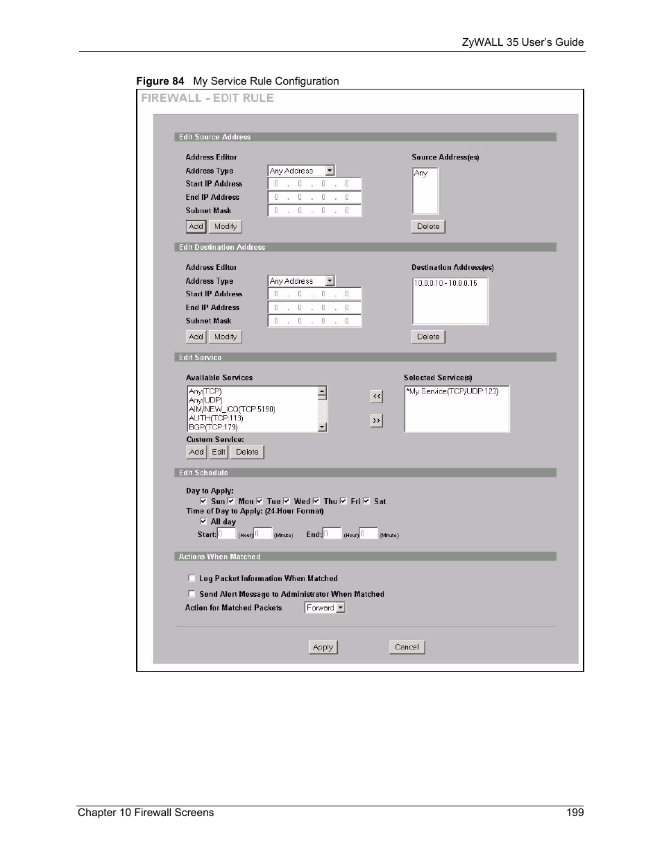 Figure 84 my service rule configuration | ZyXEL Communications ZyXEL ZyWALL 35 User Manual | Page 201 / 697