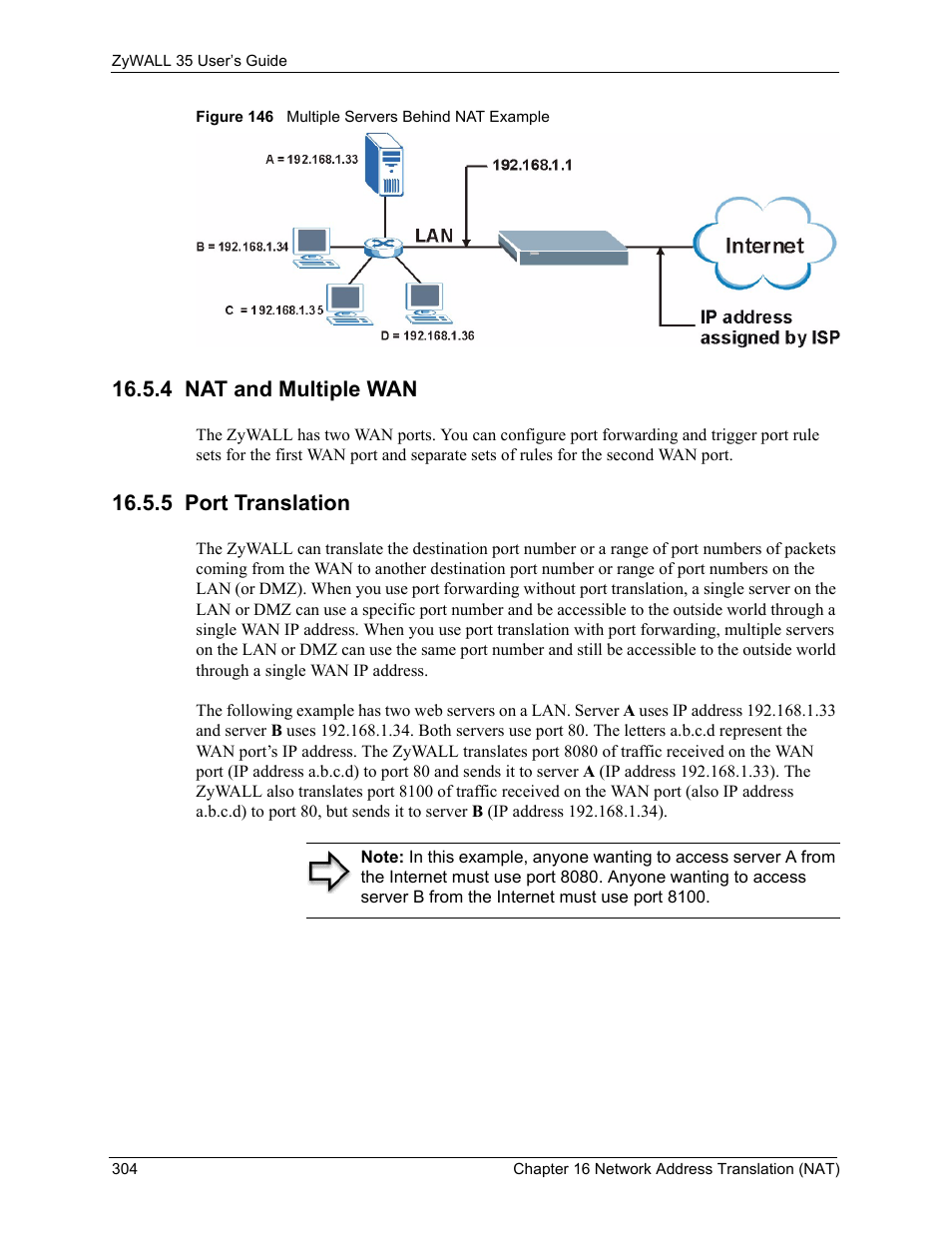 4 nat and multiple wan, 5 port translation, 4 nat and multiple wan 16.5.5 port translation | Figure 146 multiple servers behind nat example | ZyXEL Communications ZyXEL ZyWALL 35 User Manual | Page 306 / 697