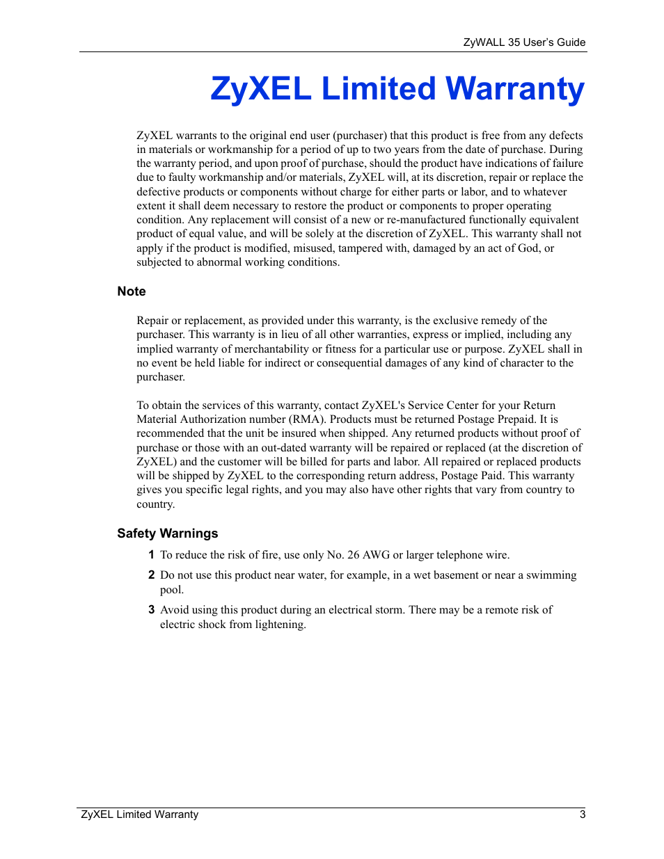 Zyxel limited warranty | ZyXEL Communications ZyXEL ZyWALL 35 User Manual | Page 5 / 697