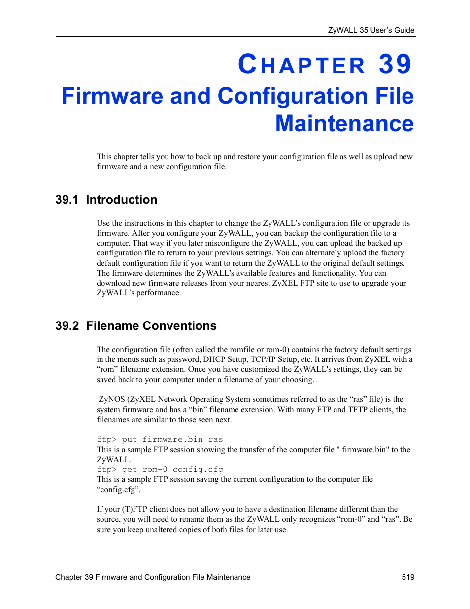 Firmware and configuration file maintenance, 1 introduction, 2 filename conventions | 1 introduction 39.2 filename conventions | ZyXEL Communications ZyXEL ZyWALL 35 User Manual | Page 521 / 697