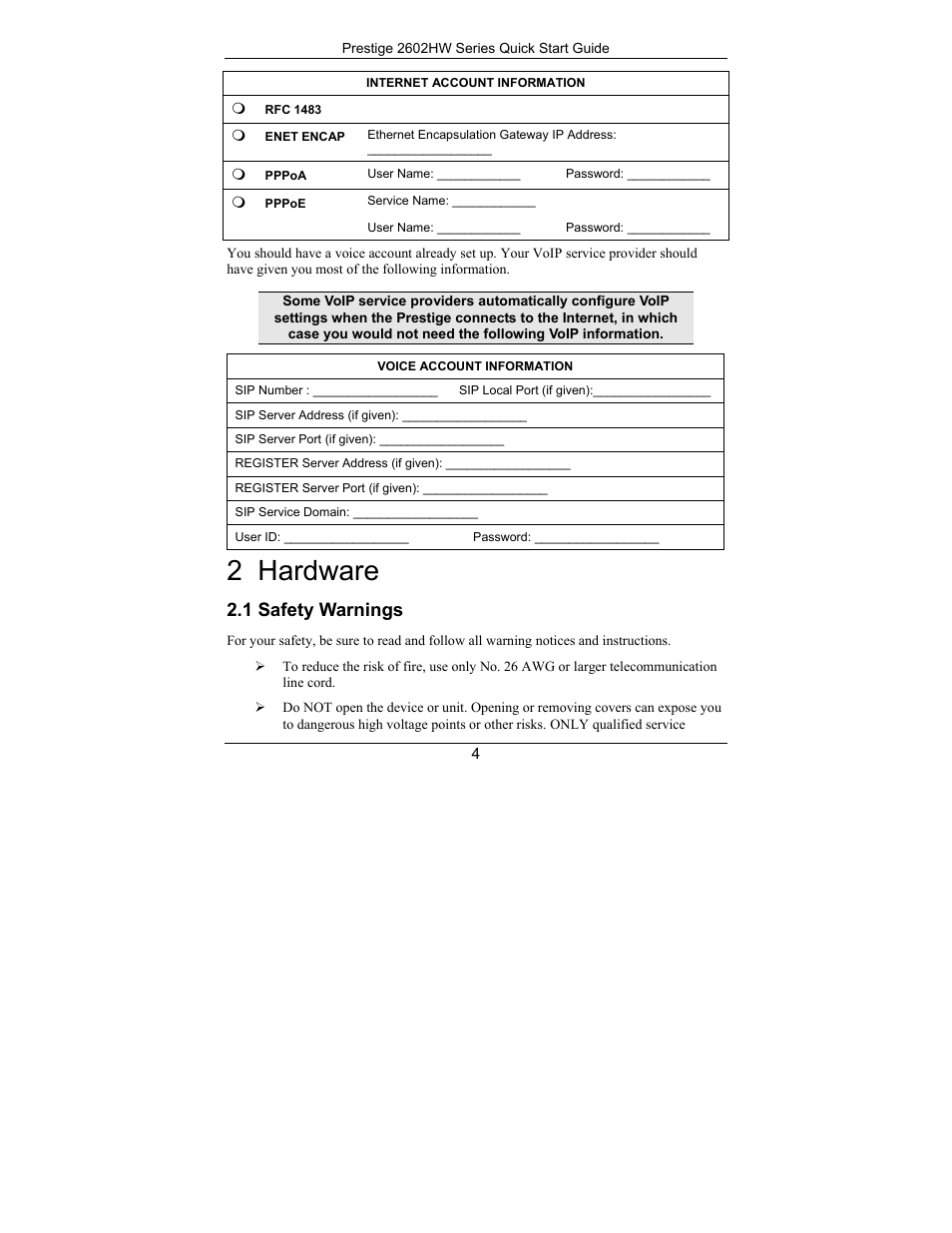 Hardware, Safety warnings, 2 hardware | 1 safety warnings | ZyXEL Communications PRESTIGE 2602HW User Manual | Page 4 / 46
