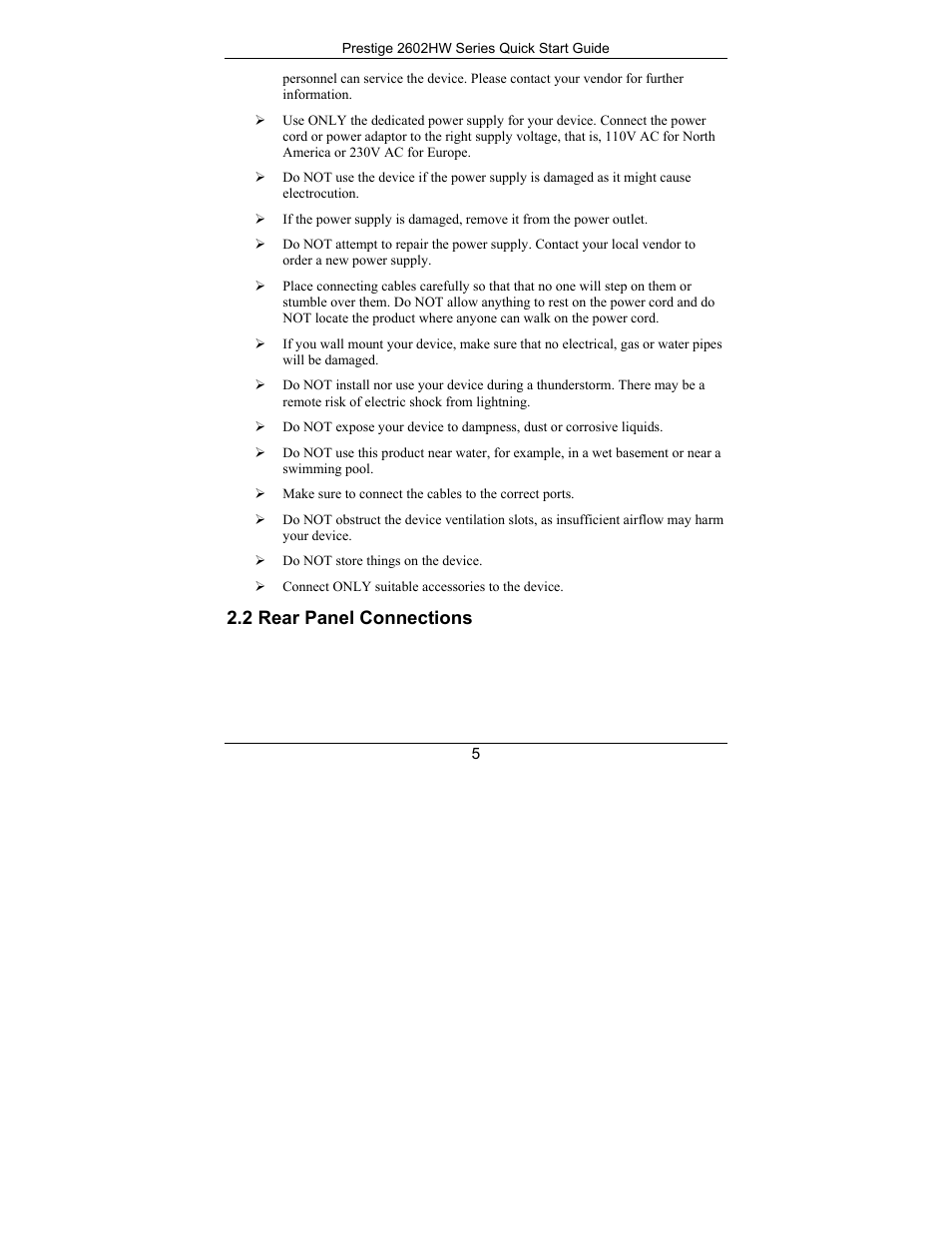 Rear panel connections, 2 rear panel connections | ZyXEL Communications PRESTIGE 2602HW User Manual | Page 5 / 46