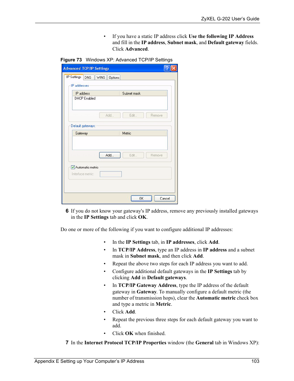 Figure 73 windows xp: advanced tcp/ip settings | ZyXEL Communications G-202 User Manual | Page 103 / 111