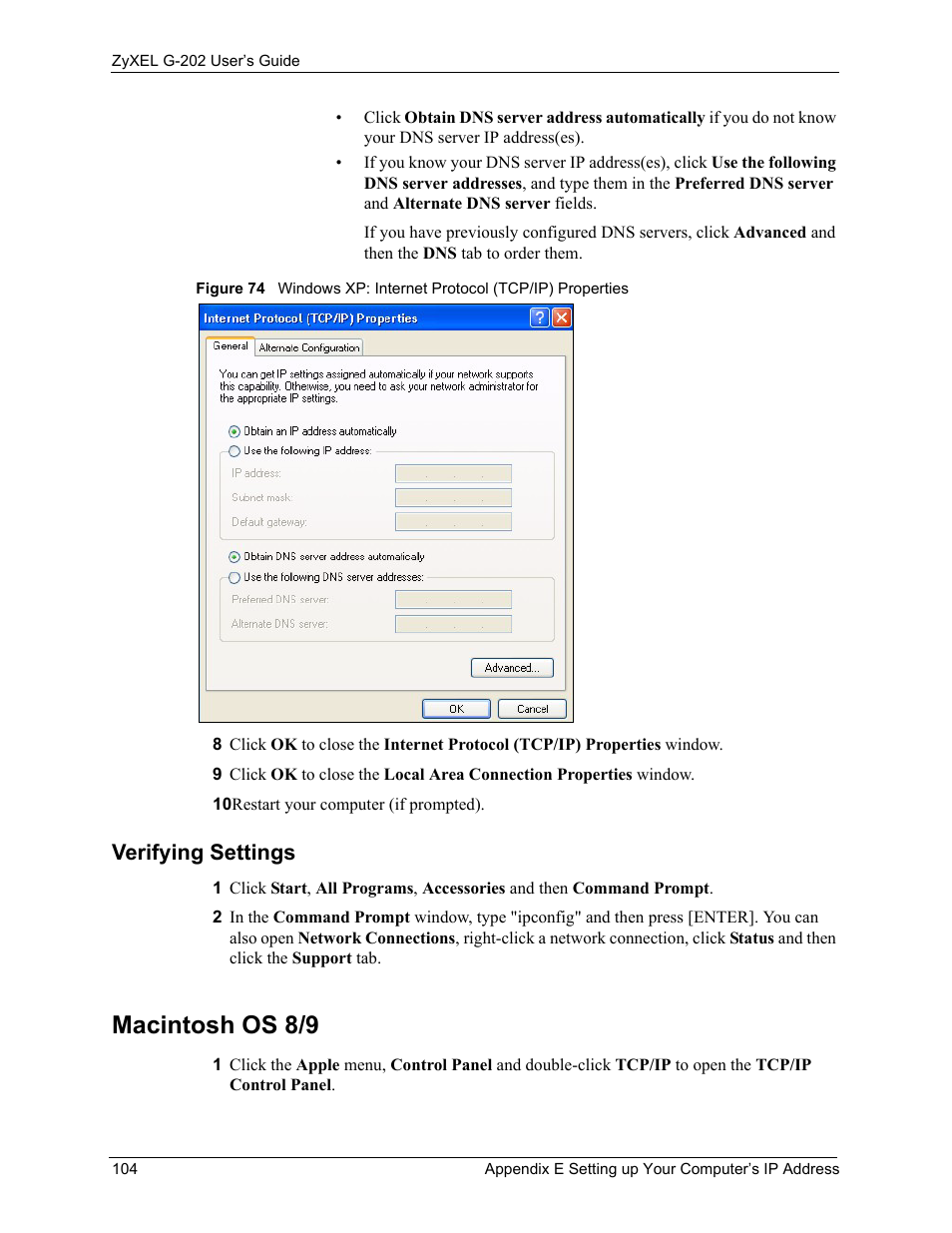 Verifying settings, Macintosh os 8/9 | ZyXEL Communications G-202 User Manual | Page 104 / 111