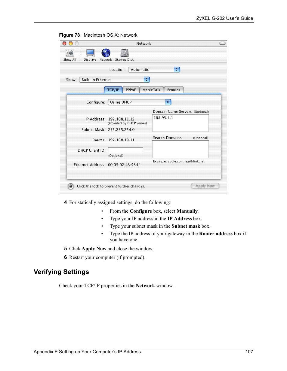 Verifying settings, Figure 78 macintosh os x: network | ZyXEL Communications G-202 User Manual | Page 107 / 111