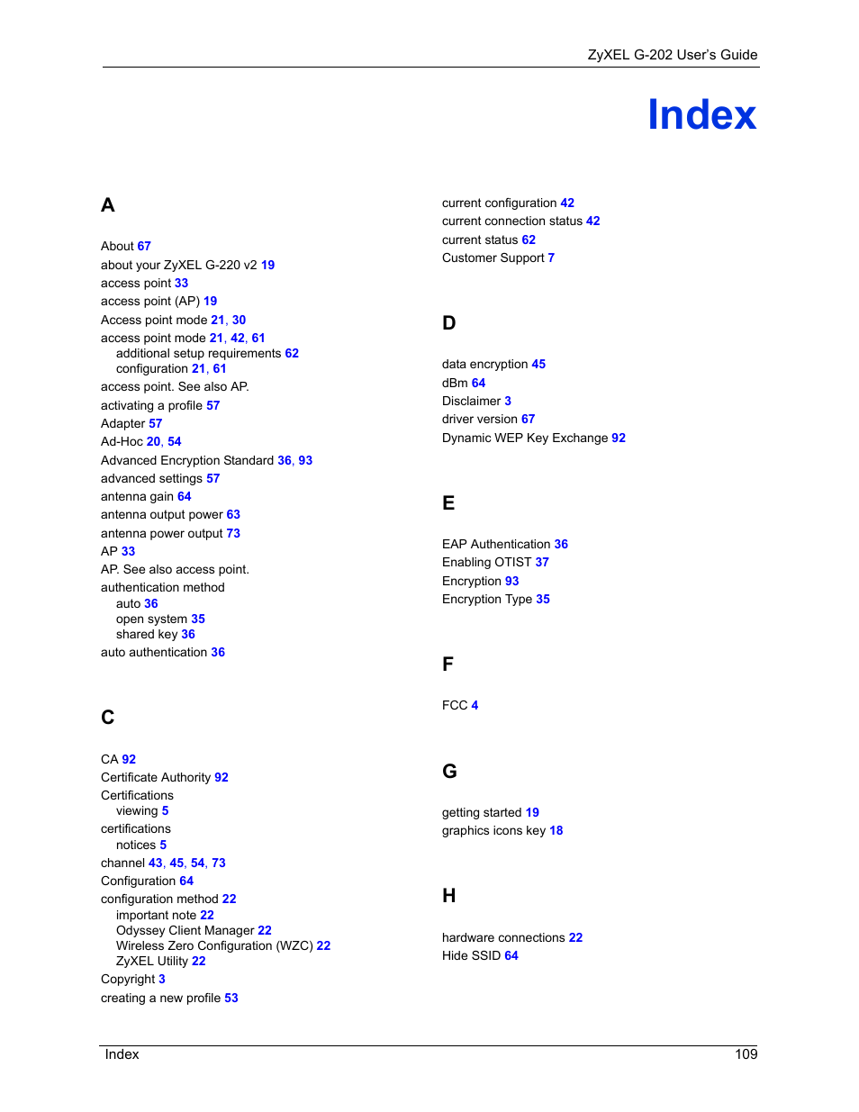 Index | ZyXEL Communications G-202 User Manual | Page 109 / 111
