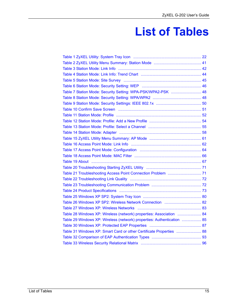 List of tables | ZyXEL Communications G-202 User Manual | Page 15 / 111