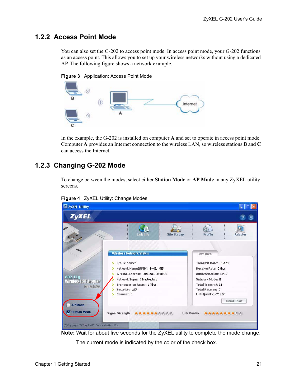 2 access point mode, 3 changing g-202 mode, 2 access point mode 1.2.3 changing g-202 mode | ZyXEL Communications G-202 User Manual | Page 21 / 111