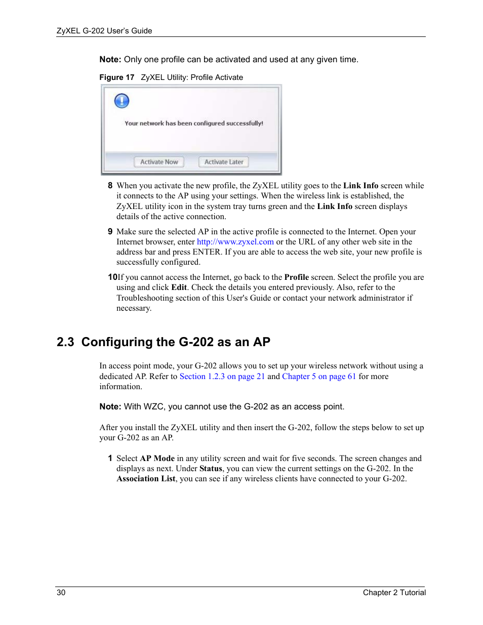 3 configuring the g-202 as an ap, Figure 17 zyxel utility: profile activate | ZyXEL Communications G-202 User Manual | Page 30 / 111