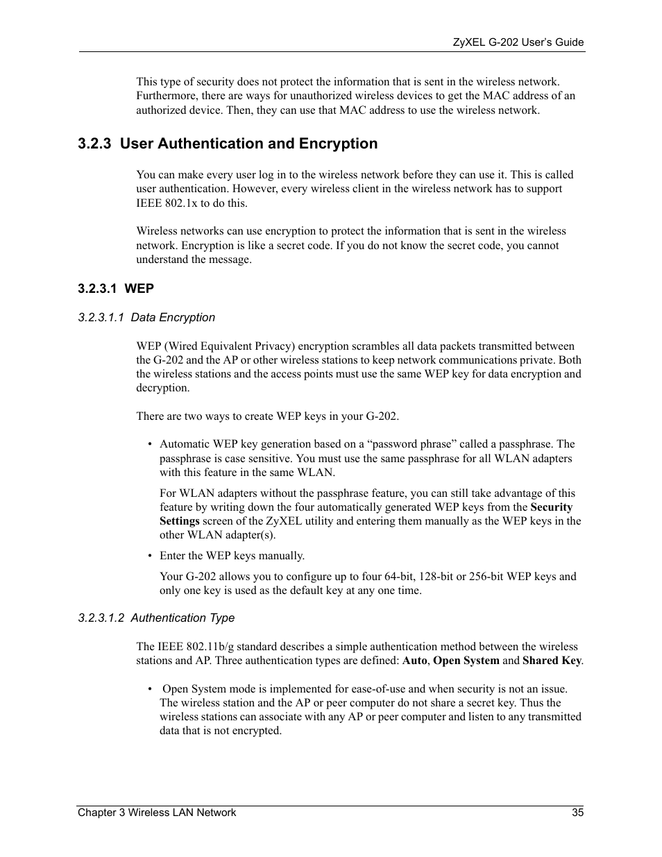 3 user authentication and encryption, 1 wep | ZyXEL Communications G-202 User Manual | Page 35 / 111