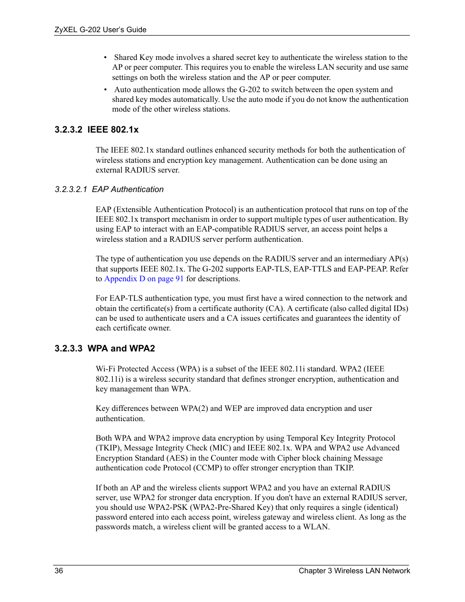 2 ieee 802.1x, 3 wpa and wpa2, 2 ieee 802.1x 3.2.3.3 wpa and wpa2 | ZyXEL Communications G-202 User Manual | Page 36 / 111