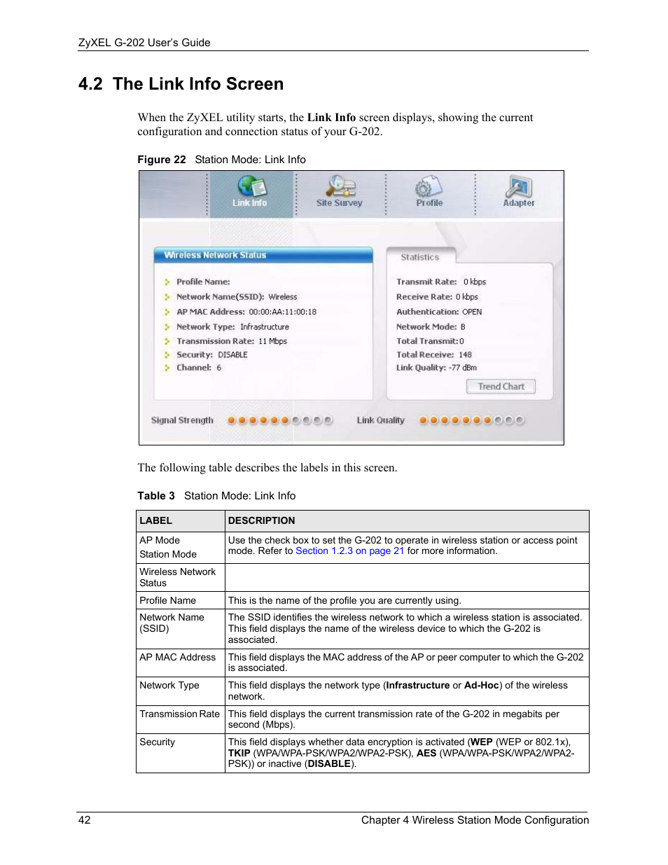 2 the link info screen, Figure 22 station mode: link info, Table 3 station mode: link info | ZyXEL Communications G-202 User Manual | Page 42 / 111
