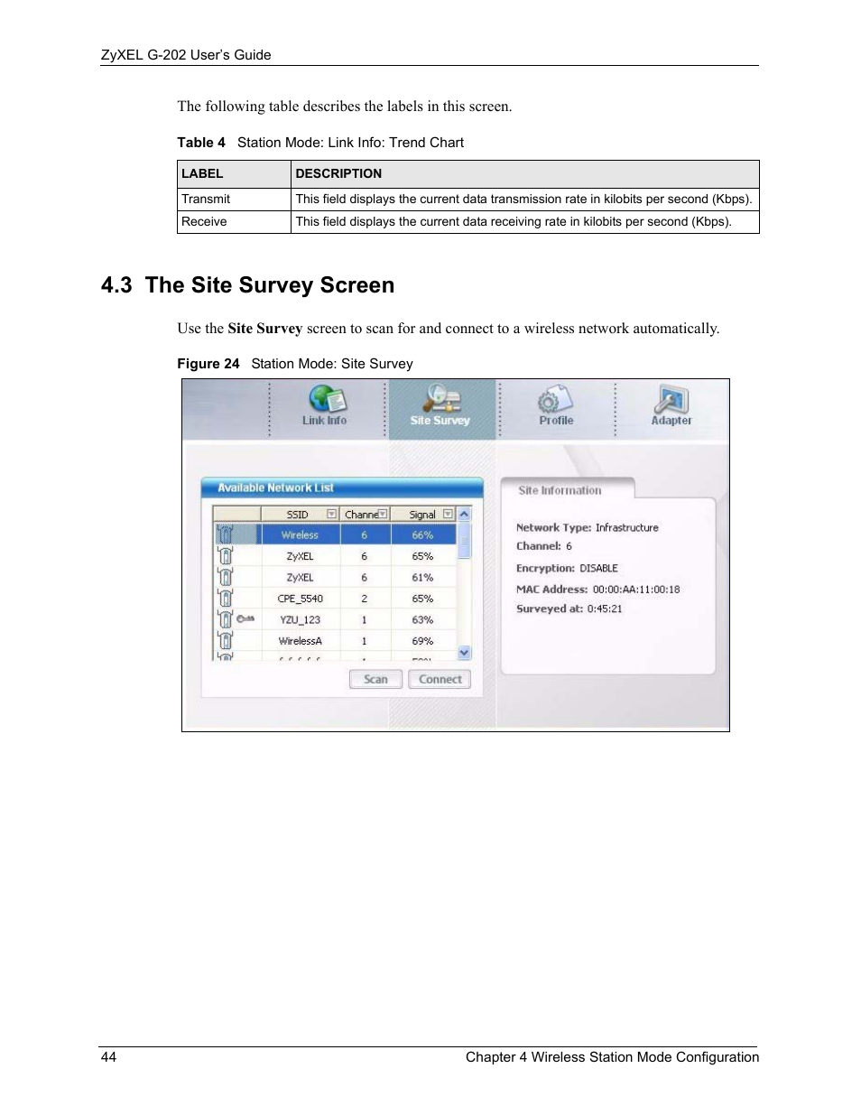 3 the site survey screen, Figure 24 station mode: site survey, Table 4 station mode: link info: trend chart | ZyXEL Communications G-202 User Manual | Page 44 / 111