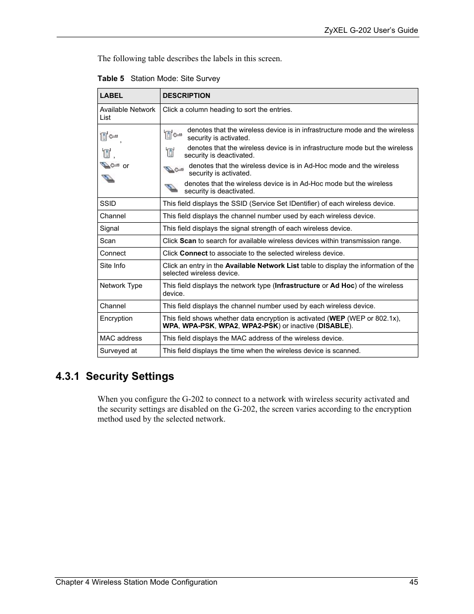 1 security settings, Table 5 station mode: site survey | ZyXEL Communications G-202 User Manual | Page 45 / 111
