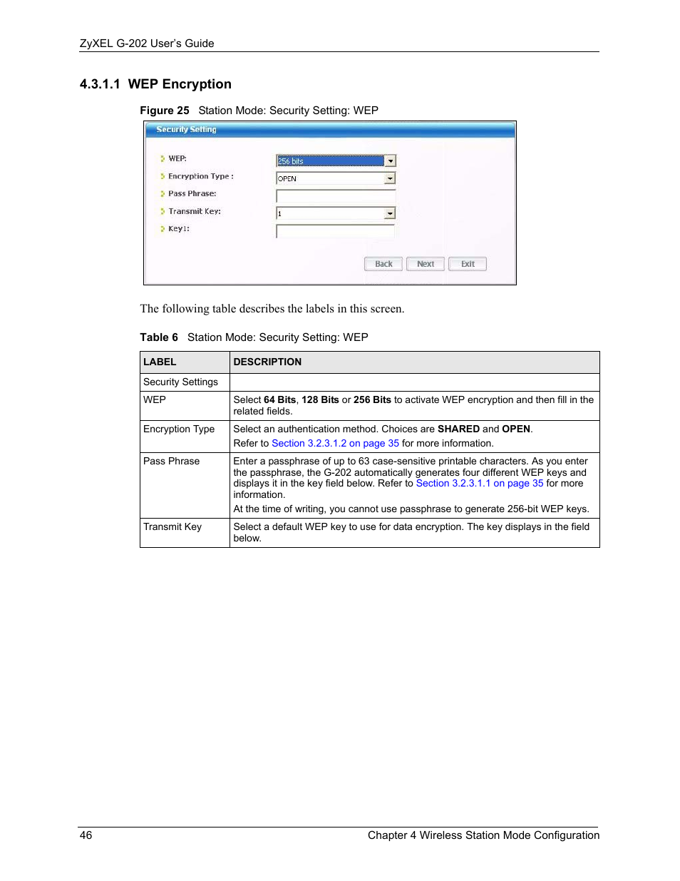 1 wep encryption, Figure 25 station mode: security setting: wep, Table 6 station mode: security setting: wep | ZyXEL Communications G-202 User Manual | Page 46 / 111