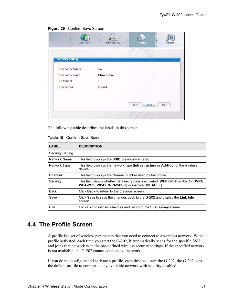 4 the profile screen, Figure 29 confirm save screen, Table 10 confirm save screen | ZyXEL Communications G-202 User Manual | Page 51 / 111