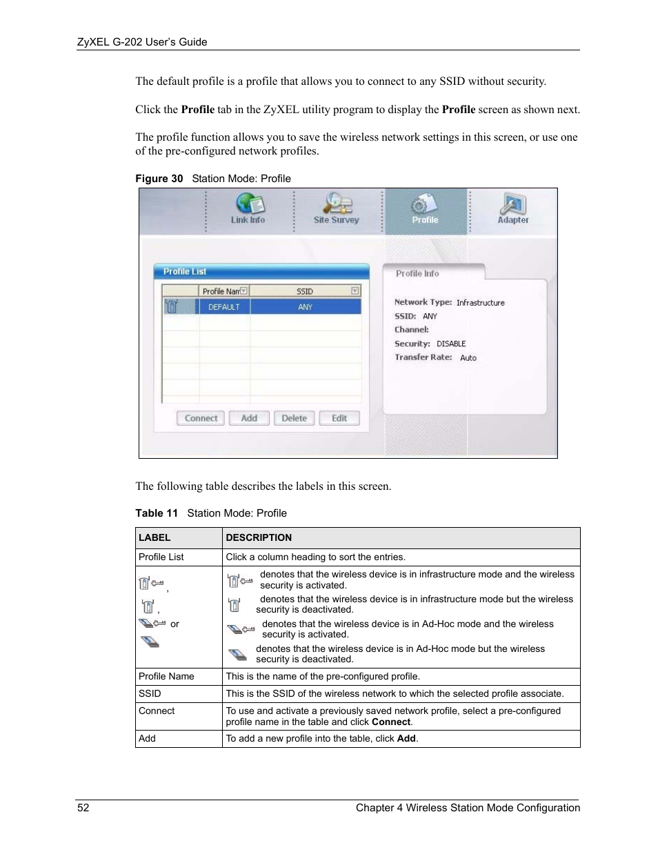 Figure 30 station mode: profile, Table 11 station mode: profile | ZyXEL Communications G-202 User Manual | Page 52 / 111