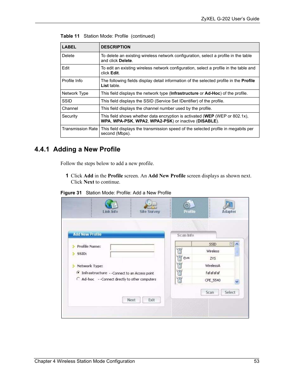 1 adding a new profile, Figure 31 station mode: profile: add a new profile | ZyXEL Communications G-202 User Manual | Page 53 / 111