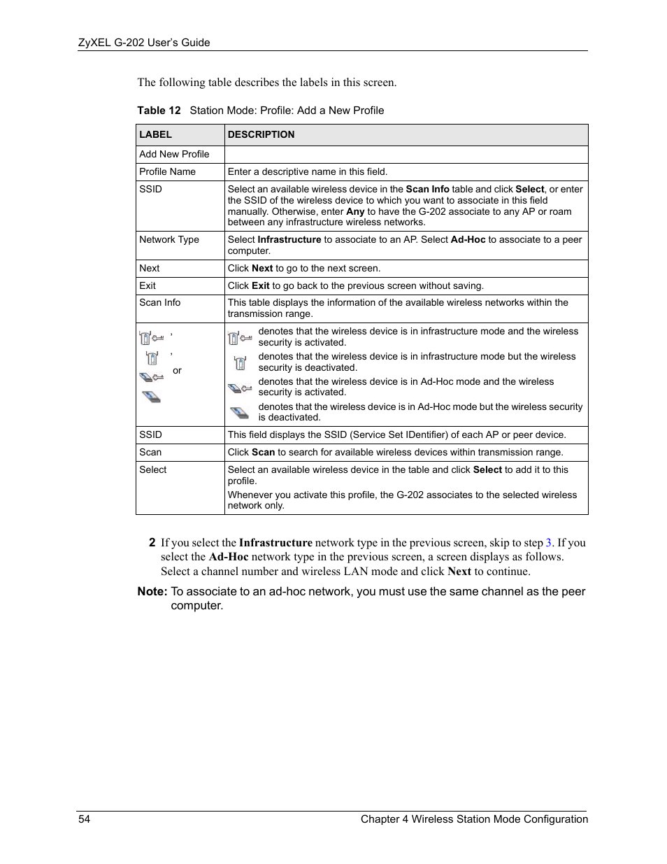 Table 12 station mode: profile: add a new profile | ZyXEL Communications G-202 User Manual | Page 54 / 111