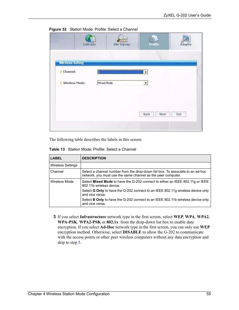 Figure 32 station mode: profile: select a channel, Table 13 station mode: profile: select a channel | ZyXEL Communications G-202 User Manual | Page 55 / 111