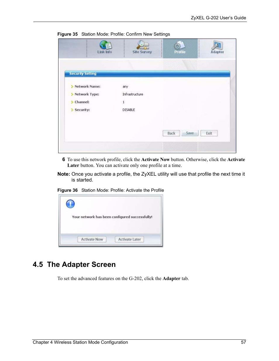 5 the adapter screen | ZyXEL Communications G-202 User Manual | Page 57 / 111