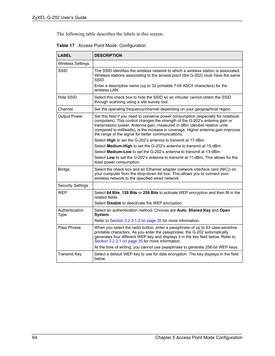 Table 17 access point mode: configuration | ZyXEL Communications G-202 User Manual | Page 64 / 111