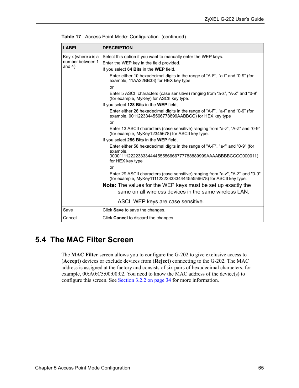 4 the mac filter screen | ZyXEL Communications G-202 User Manual | Page 65 / 111