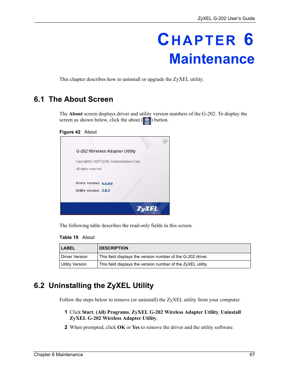 Maintenance, Chapter 6 maintenance, Figure 42 about | Table 19 about | ZyXEL Communications G-202 User Manual | Page 67 / 111