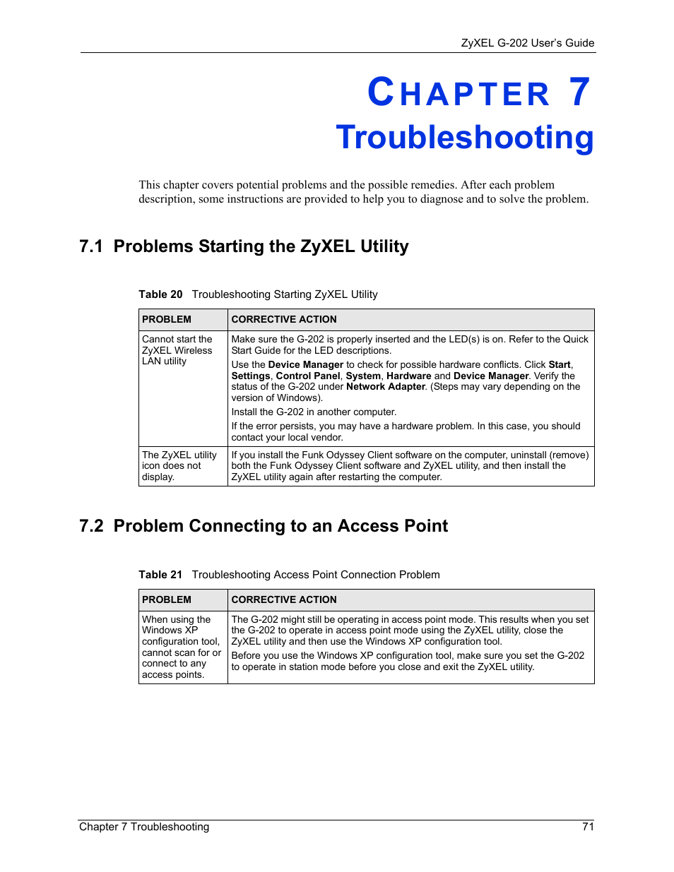 Troubleshooting, 1 problems starting the zyxel utility, 2 problem connecting to an access point | Chapter 7 troubleshooting | ZyXEL Communications G-202 User Manual | Page 71 / 111