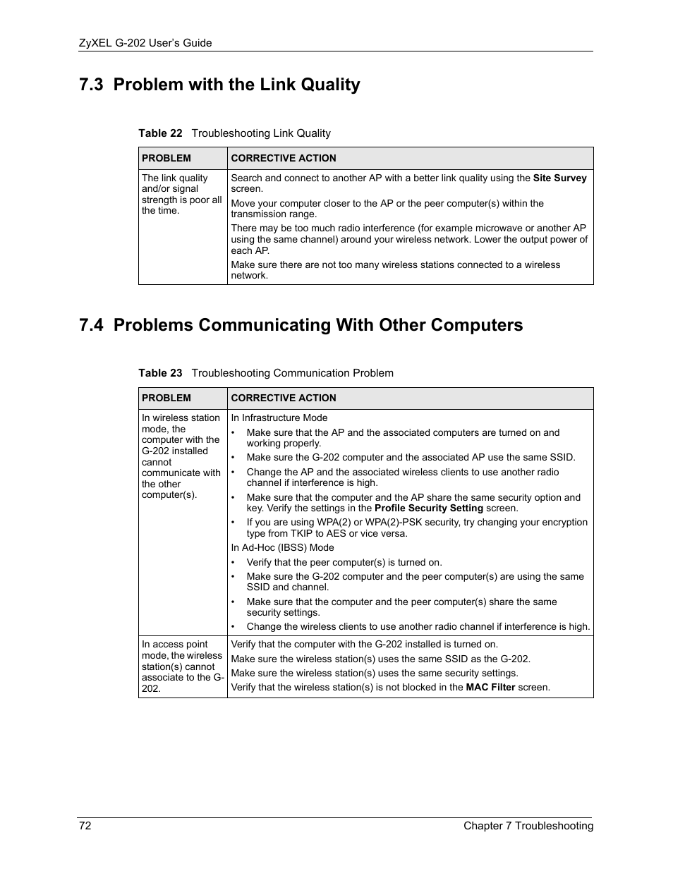 3 problem with the link quality, 4 problems communicating with other computers | ZyXEL Communications G-202 User Manual | Page 72 / 111