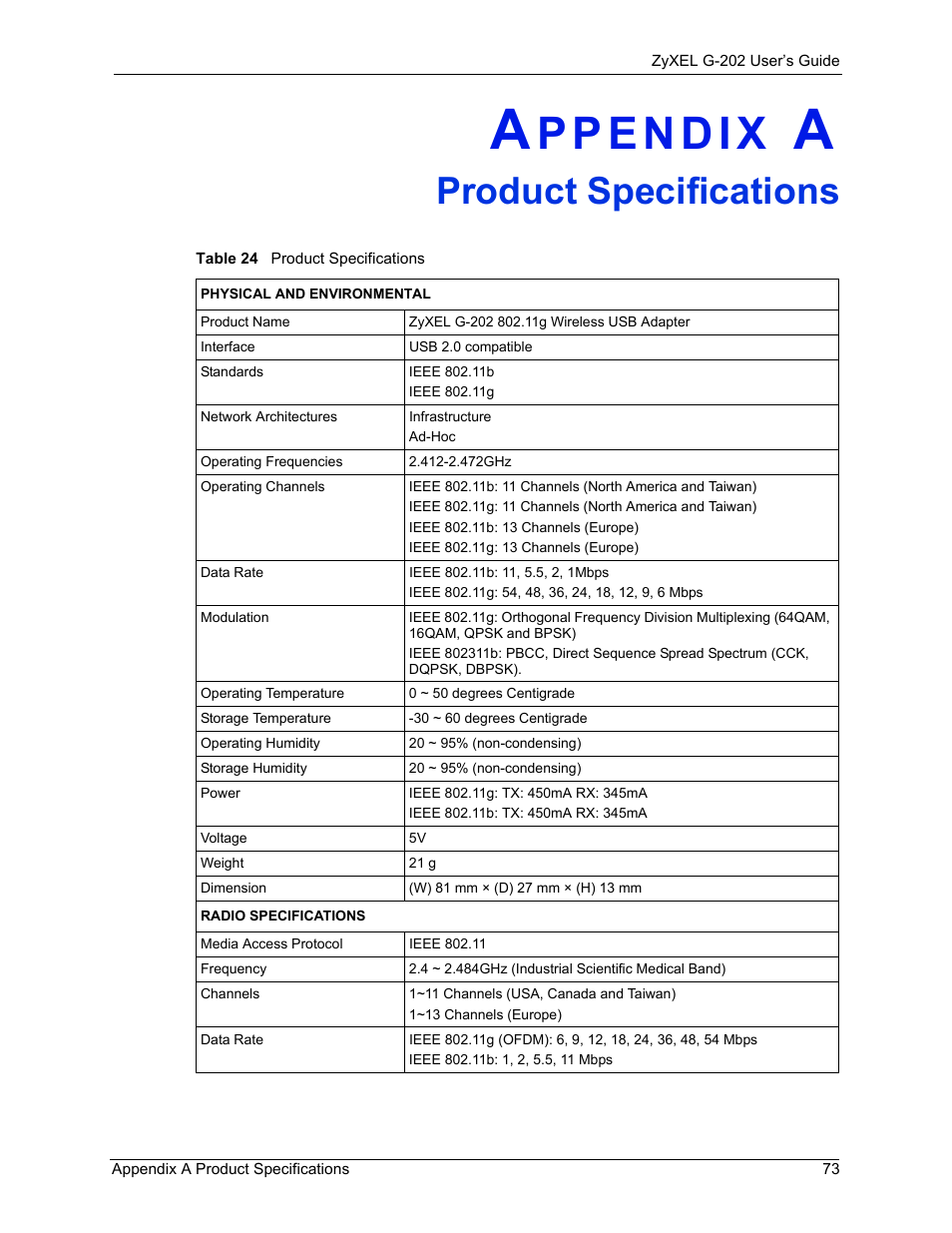 Product specifications, Appendix a product specifications, Table 24 product specifications | ZyXEL Communications G-202 User Manual | Page 73 / 111