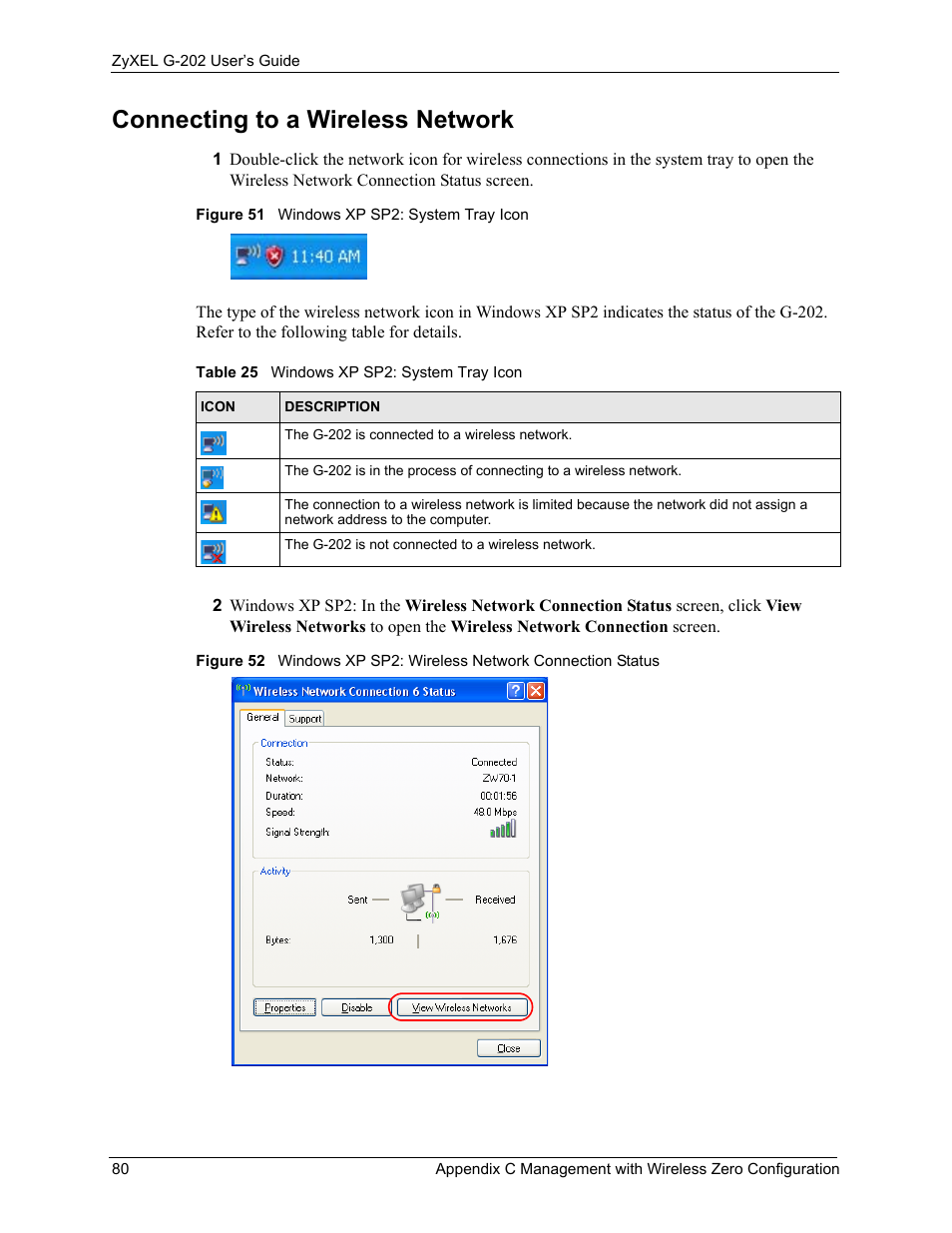 Connecting to a wireless network, Table 25 windows xp sp2: system tray icon | ZyXEL Communications G-202 User Manual | Page 80 / 111