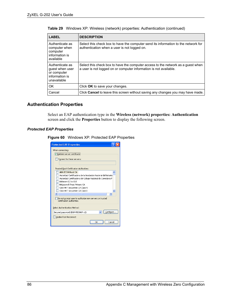Figure 60 windows xp: protected eap properties, Authentication properties | ZyXEL Communications G-202 User Manual | Page 86 / 111