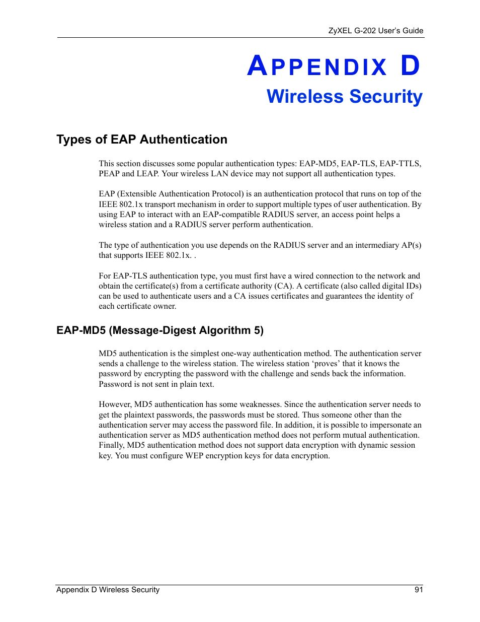 Wireless security, Types of eap authentication, Eap-md5 (message-digest algorithm 5) | Appendix d wireless security | ZyXEL Communications G-202 User Manual | Page 91 / 111