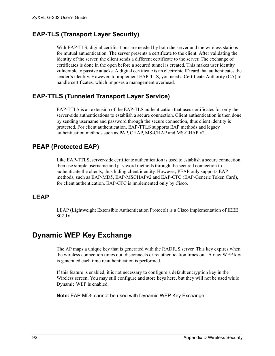 Eap-tls (transport layer security), Eap-ttls (tunneled transport layer service), Peap (protected eap) | Leap, Dynamic wep key exchange | ZyXEL Communications G-202 User Manual | Page 92 / 111