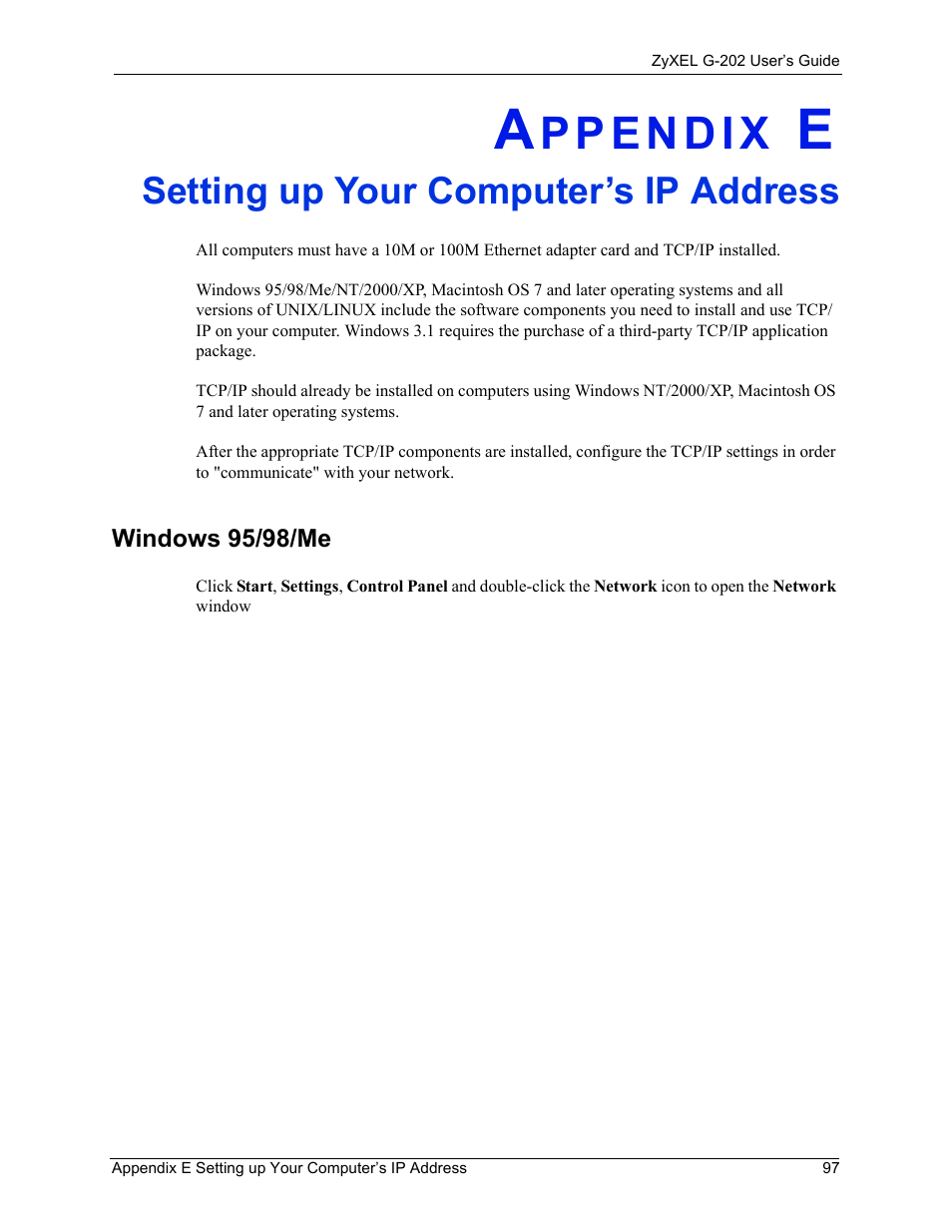 Setting up your computer’s ip address, Windows 95/98/me, Appendix e setting up your computer’s ip address | Refer to | ZyXEL Communications G-202 User Manual | Page 97 / 111