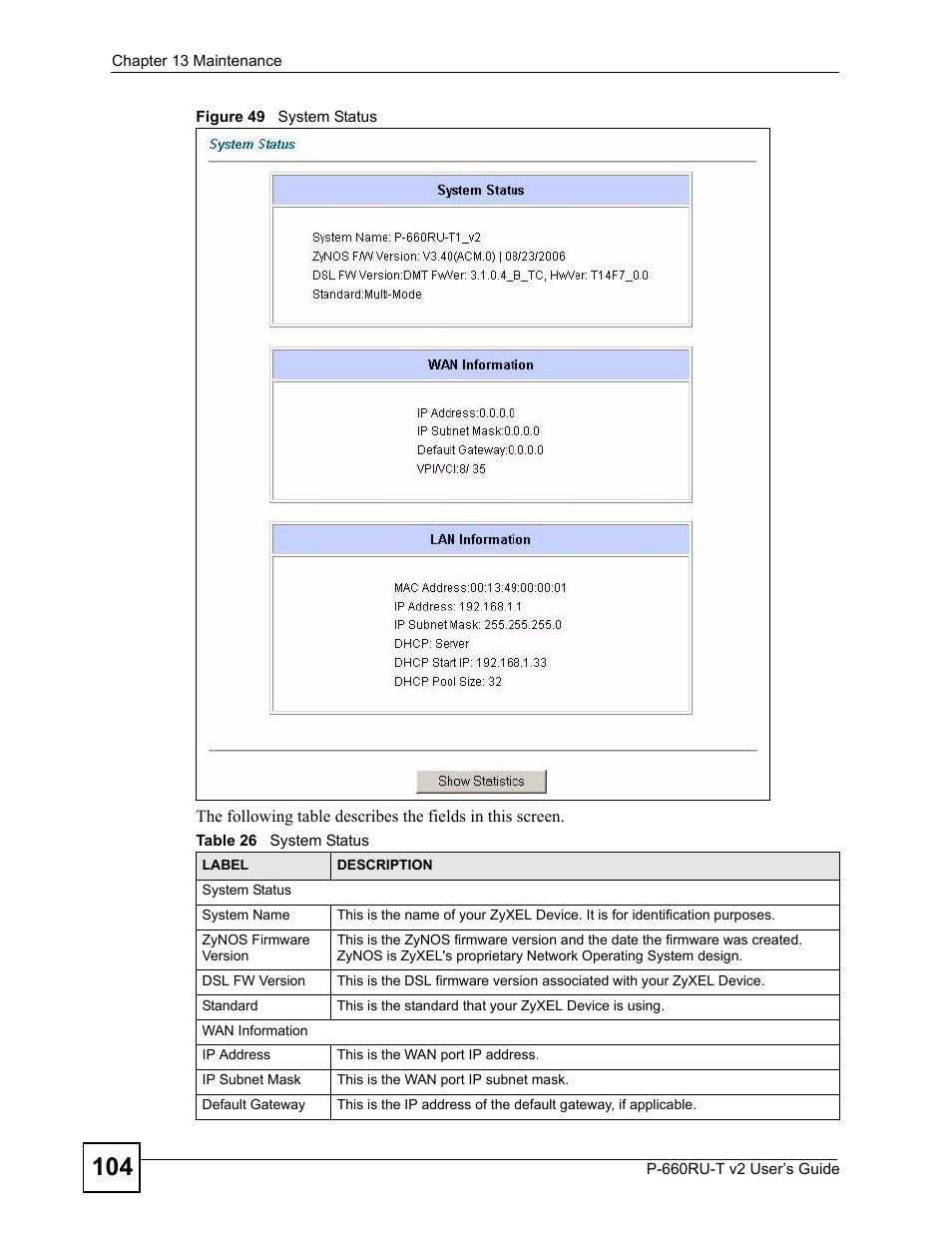 Figure 49 system status, Table 26 system status | ZyXEL Communications P-660RU-T V2 User Manual | Page 104 / 168