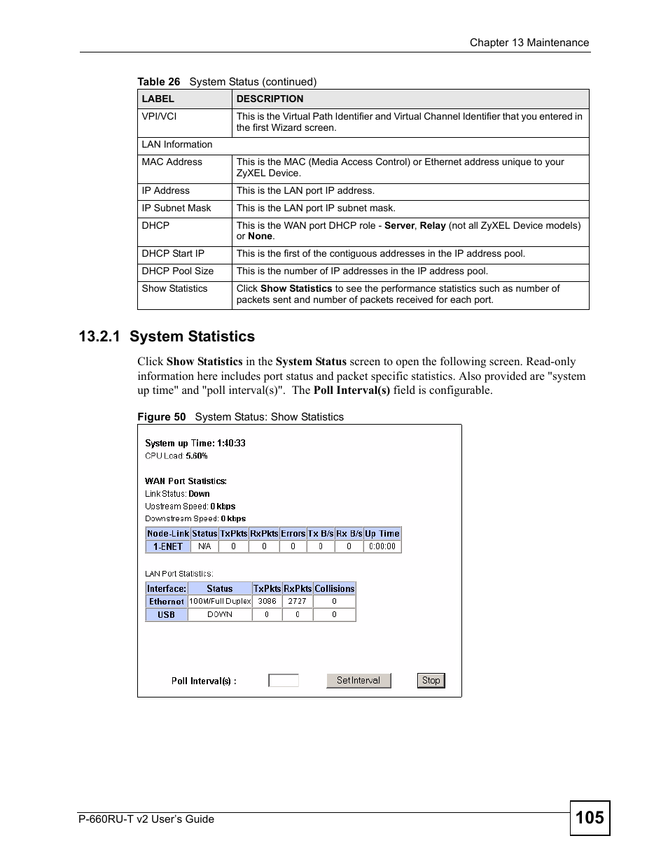 1 system statistics, Figure 50 system status: show statistics | ZyXEL Communications P-660RU-T V2 User Manual | Page 105 / 168