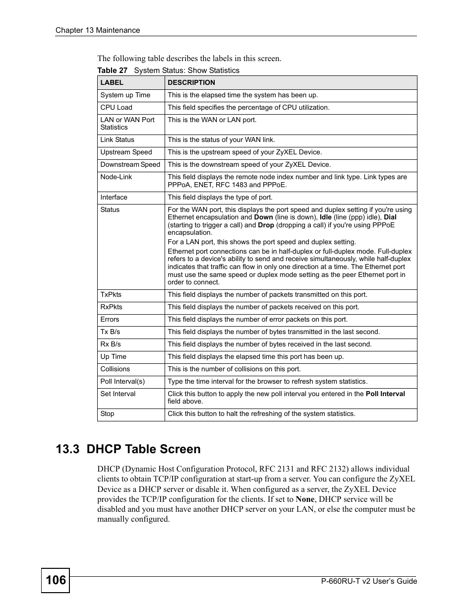 3 dhcp table screen, Table 27 system status: show statistics | ZyXEL Communications P-660RU-T V2 User Manual | Page 106 / 168