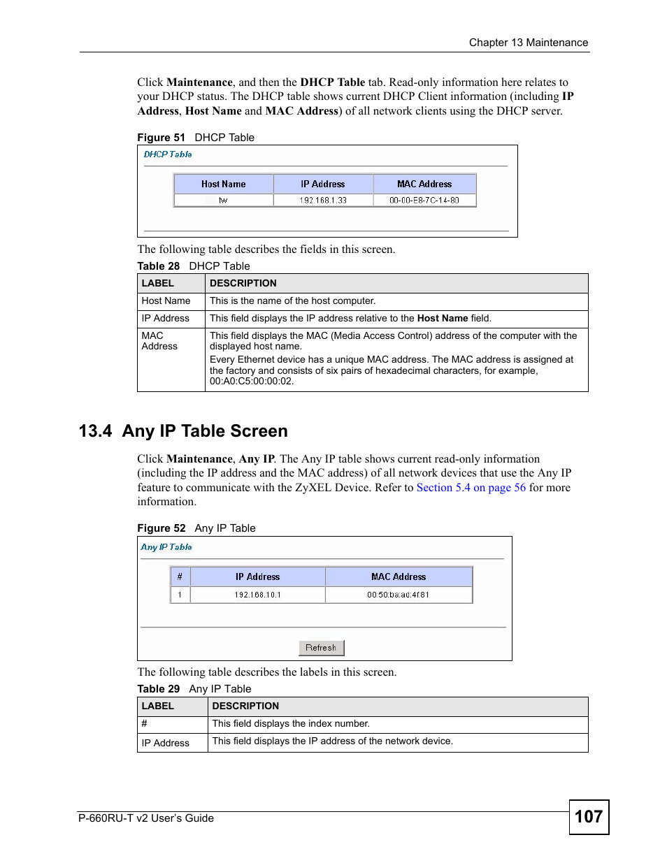 4 any ip table screen, Figure 51 dhcp table figure 52 any ip table, Table 28 dhcp table table 29 any ip table | ZyXEL Communications P-660RU-T V2 User Manual | Page 107 / 168